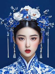 蓝白中式新娘妆饰造型