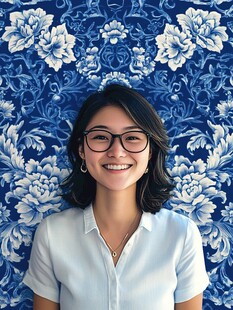 蓝花墙前微笑的年轻女子