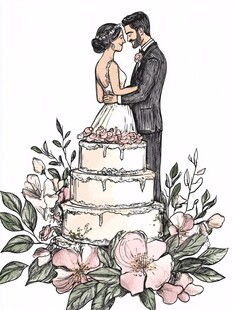 新婚夫妇与浪漫婚礼蛋糕