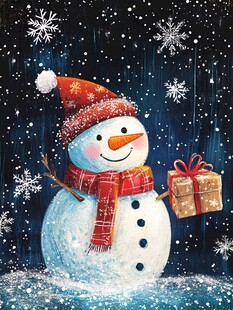 雪人手捧礼物的冬日景象