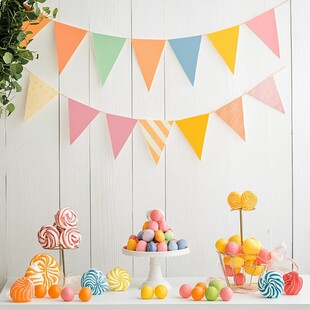 多彩糖果与彩旗装饰场景