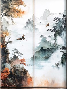 山水双屏图 鹰翔云雾间