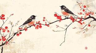 双鸟栖红枝 水墨绘春景