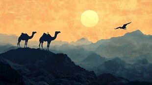 夕阳下骆驼与飞鸟的壮美画面