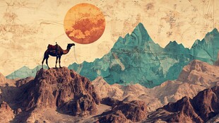 沙漠驼影伴壮丽山川落日