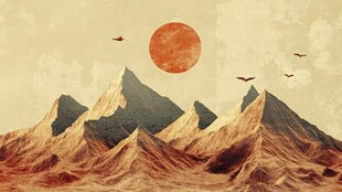 夕阳下的壮丽山脉飞鸟景