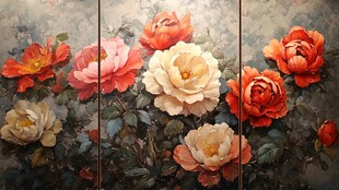 三联花卉油画 艳丽牡丹绽放