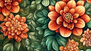 橙色花卉与绿叶精美图案