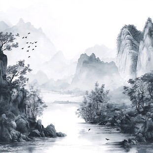 水墨山水间飞鸟伴溪流
