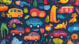 童趣汽车动物卡通插画图案