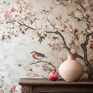 花鸟墙纸搭配素雅花瓶
