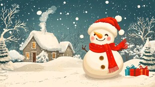 冬日雪人旁的温馨雪景