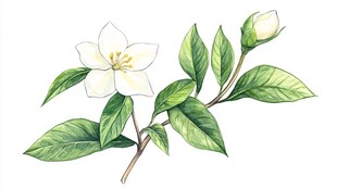 手绘茉莉花枝清新插画
