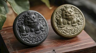 双狮玉雕圆牌 古朴精致