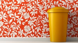 黄色垃圾桶与花卉背景墙