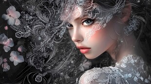 梦幻蕾丝少女 浪漫花卉环绕
