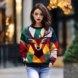 时尚女士穿多彩鹿头图案卫衣