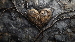 心形石块与缠绕枯藤之景