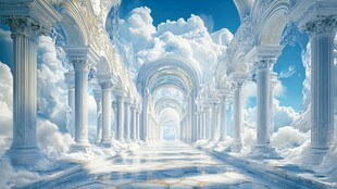 梦幻云端的古典柱廊通道