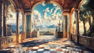 古典拱廊中的壮丽自然景观