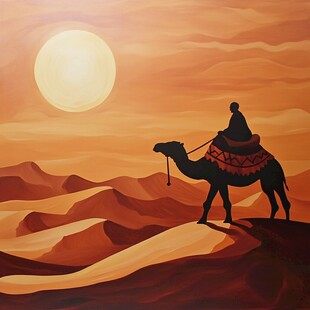 沙漠驼影 夕阳下的孤独旅程