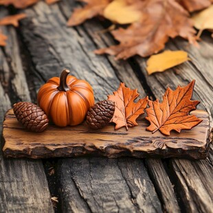 秋日木桌上的南瓜与落叶
