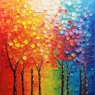 多彩树木抽象油画艺术
