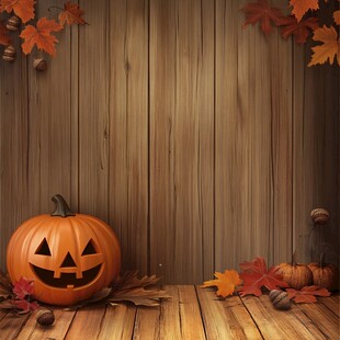 南瓜灯装点的秋日木质场景
