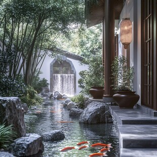 中式庭院中的灵动锦鲤景观