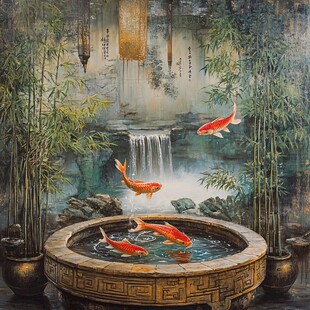 中式锦鲤池畔竹林瀑布景