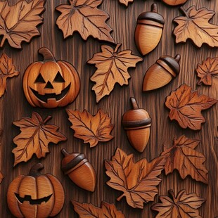 秋季南瓜橡果落叶木雕图案