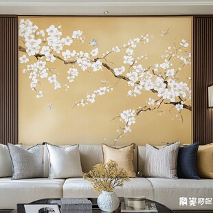 中式客厅的唯美花卉背景墙