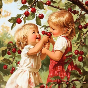 两个孩童在樱桃树下嬉戏