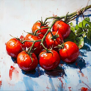 油画中的红番茄与绿叶