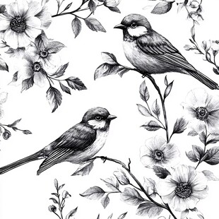 花鸟黑白插画图案设计
