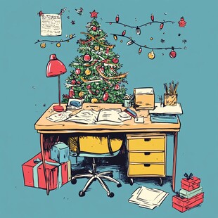 圣诞氛围中的办公桌场景