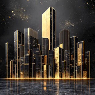 璀璨黑金都市建筑群夜景