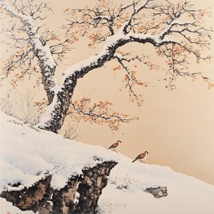 雪覆枝头双雀立景