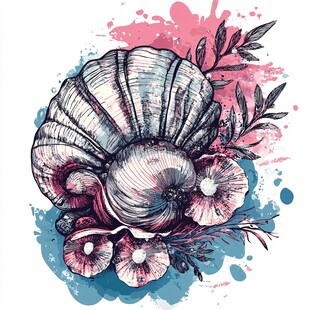 手绘海螺与花卉水彩插画