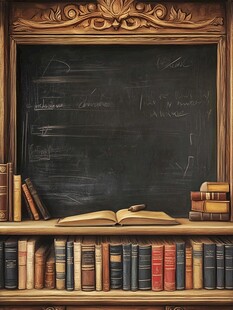 复古书架上的黑板与书籍