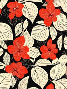 红色花卉黑白叶图案纹理