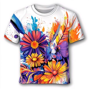 多彩花卉图案T恤
