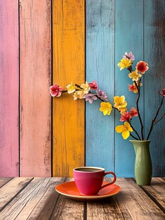 多彩木墙旁的花与咖啡杯