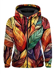 彩色树叶图案连帽拉链卫衣