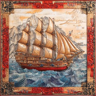 复古航海帆船艺术画作
