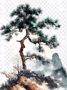 水墨孤松立 山川添幽韵