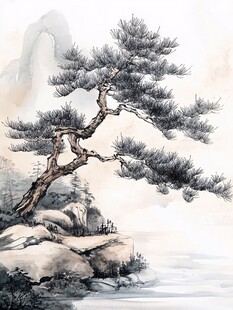 水墨孤松立石间