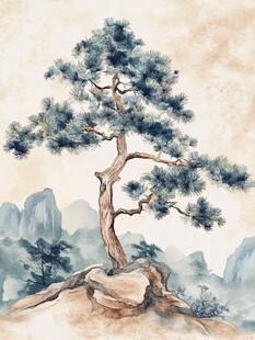 水墨孤松立岩间