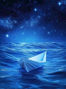 纸船在星空下的蓝色海洋
