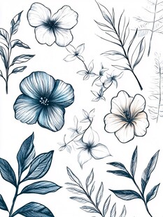 蓝白花卉植物插画图案